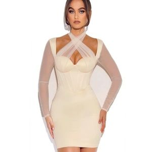 MISS CIRCLE Jocelynn Ivory Satin Mesh Long Sleeve Corset Dress